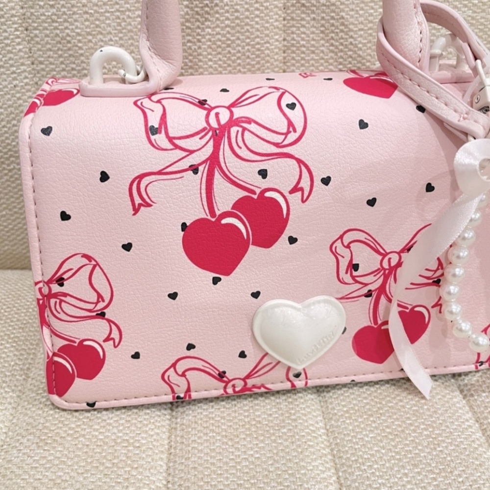 Betsey Johnson LBevie Coquette Bow Cherry Hearts Pink Satchel Crossbody Purse - Picture 8 of 13